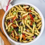 overhead of gluten free pasta salad in white bowl
