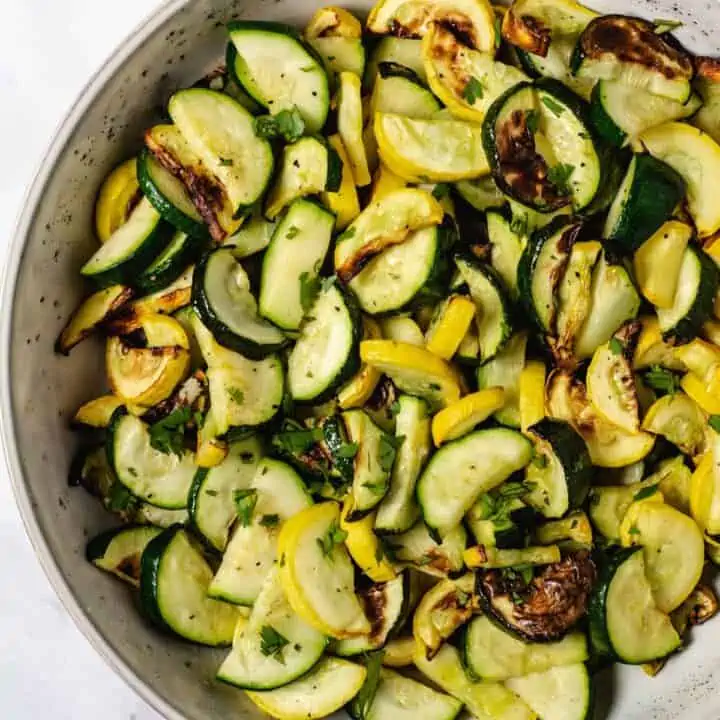 Zucchini and yellow squash in serving bowl.