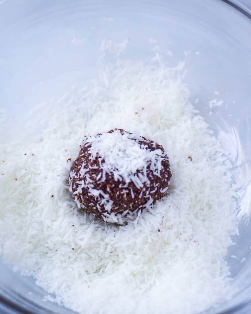 chocolate ball in coconut flakes