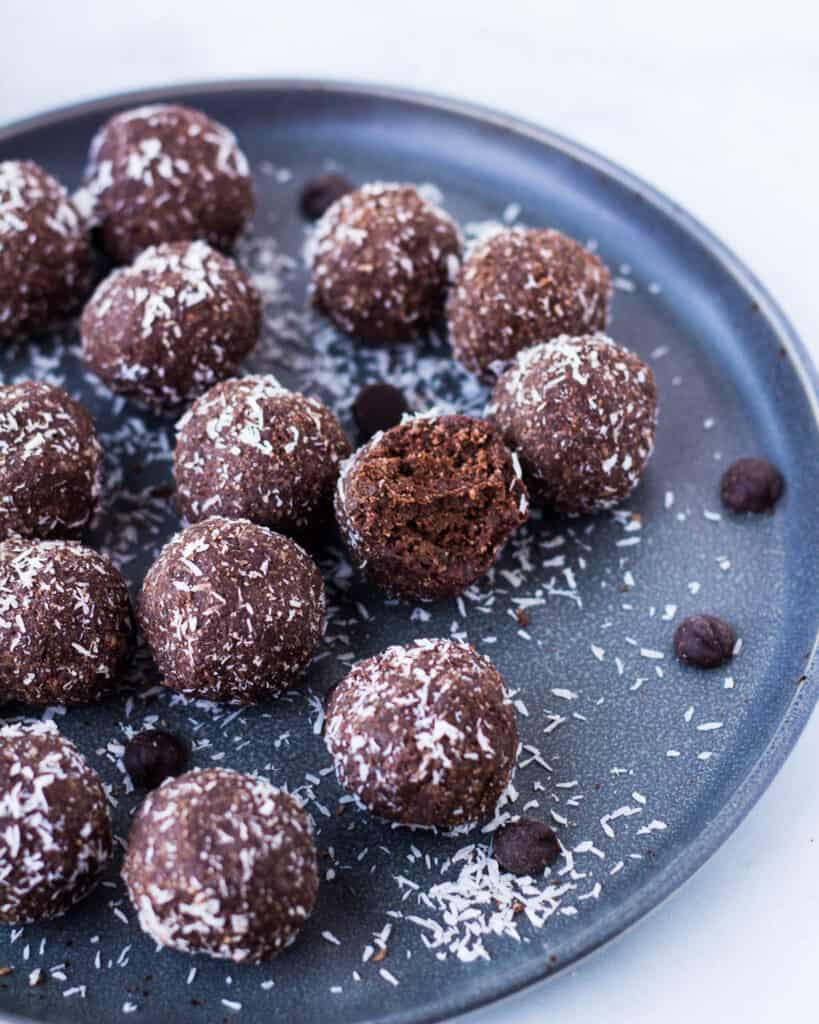 chocolate balls on gray plate