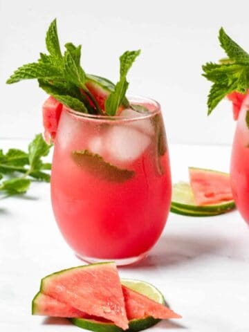watermelon mocktail in stemless wine glass