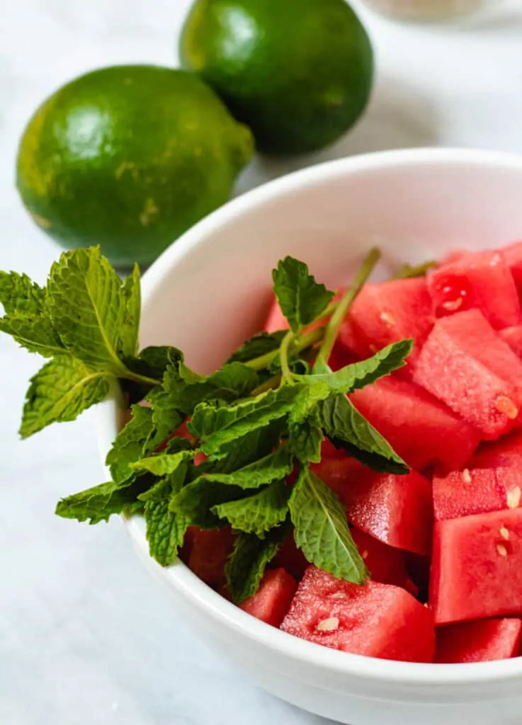 cubed watermelon in white bowl topped with mint