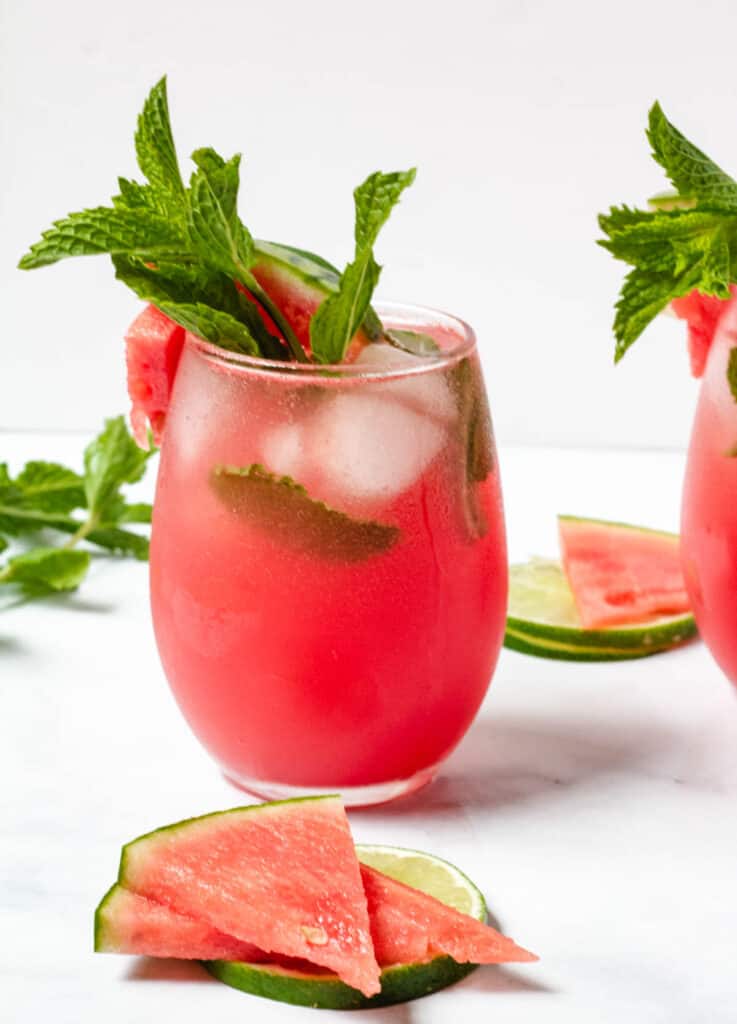 watermelon mocktail in stemless wine glass