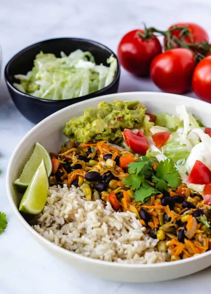 vegan burrito bowl with mixed vegetables
