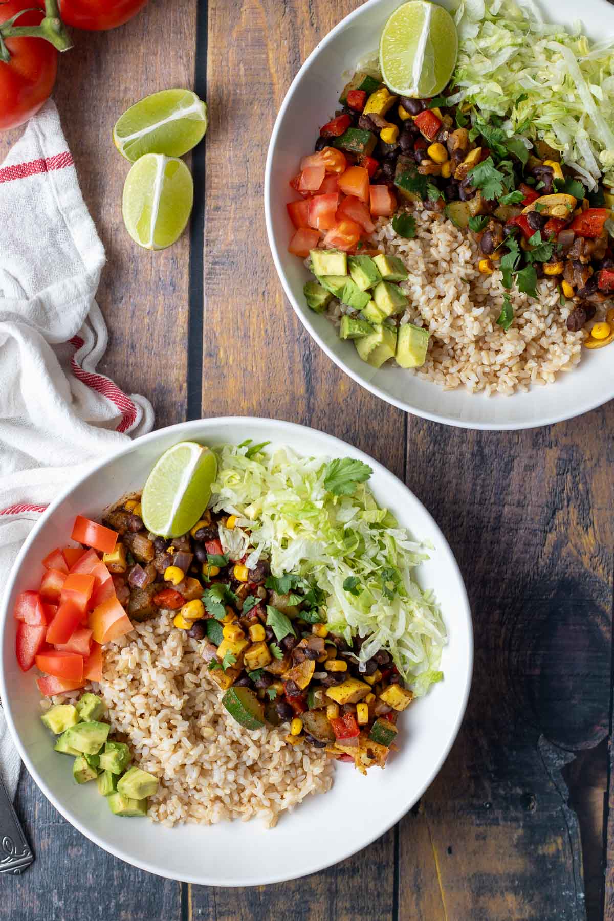 Two vegan burrito bowls.