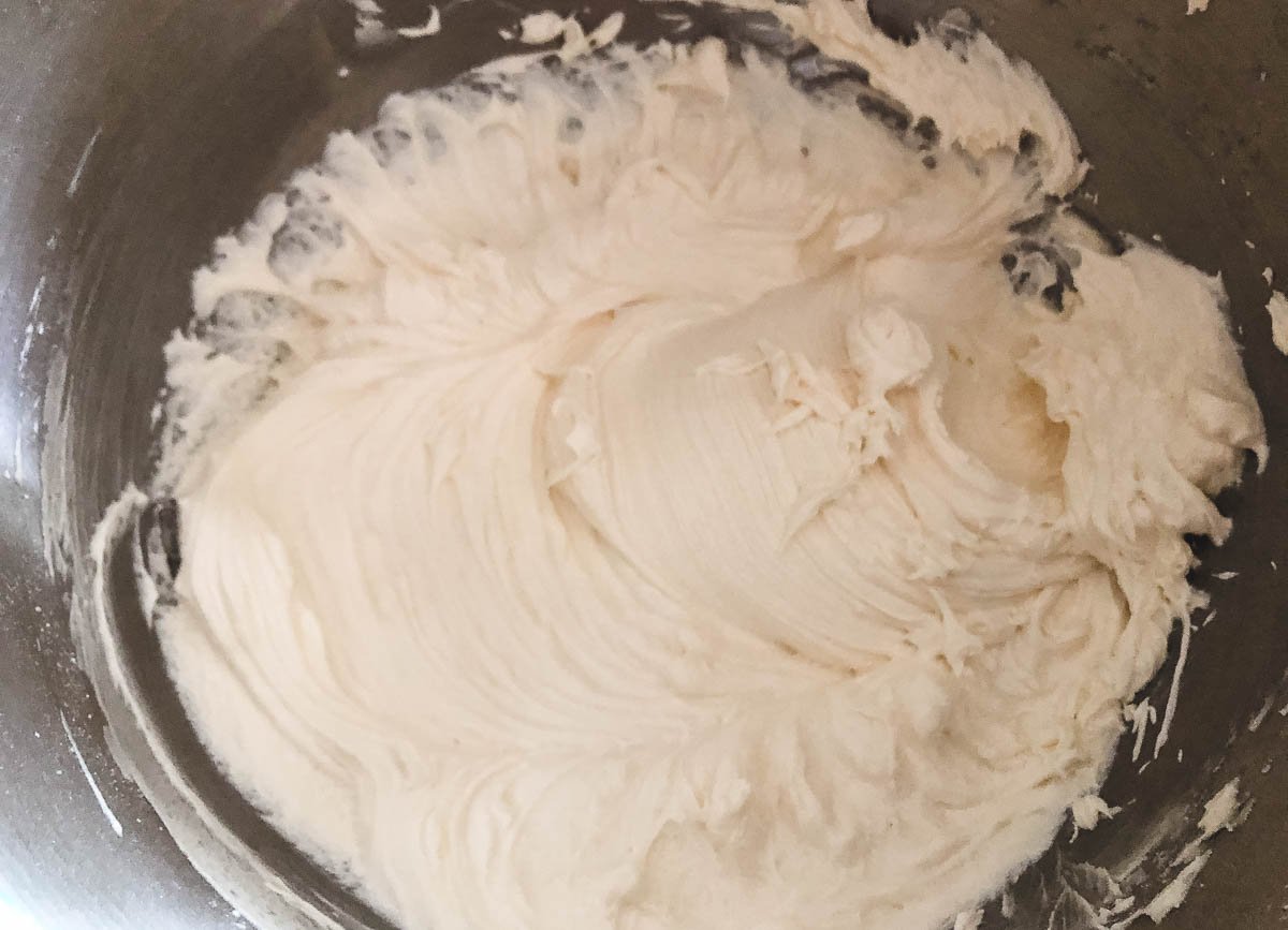 vegan vanilla frosting in mixing bowl