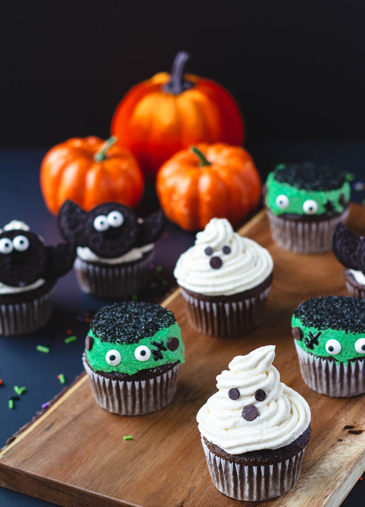 vegan halloween cupcakes a ghost, monster, and bat