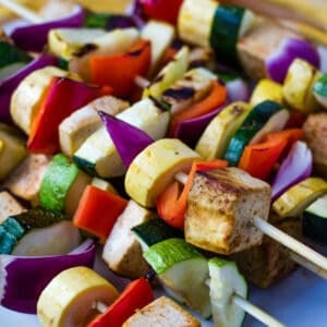 vegan kebab skewers with tofu and vegetables