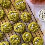 Green cookies with candy eyes.