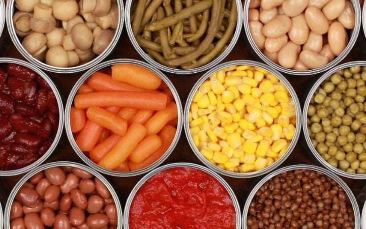 overhead shot of canned beans and vegetables