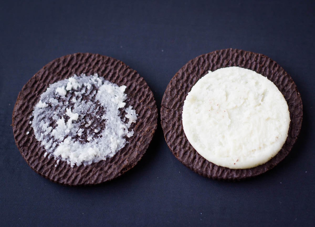 Oreo cookies twisted in half.