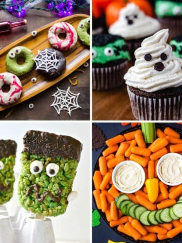 Vegan donuts, halloween cupcakes, Frankenstein rice krispies, and pumpkin veggie tray.