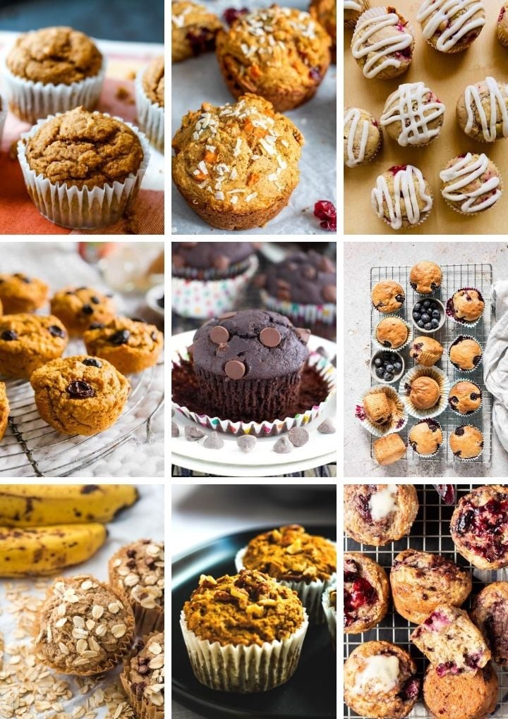 Six different types of vegan muffins in a collage.