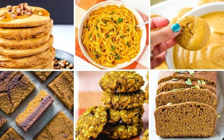 vegan pumpkin recipes collage: pumpkin pancakes, pumpkin pasta, pumpkin dip, pumpkin brownies, oat cookies, pumpkin bread.