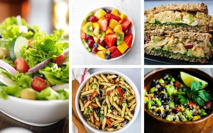 5 types of vegan salads including green salad, fruit salad, pasta salad, vegan tuna salad, and a bean quinoa salad