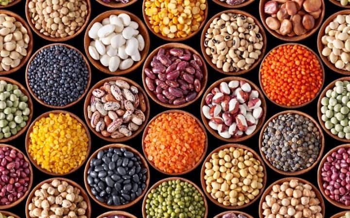 a variety of vegan protein sources: dried beans, lentils, split peas in small bowls.