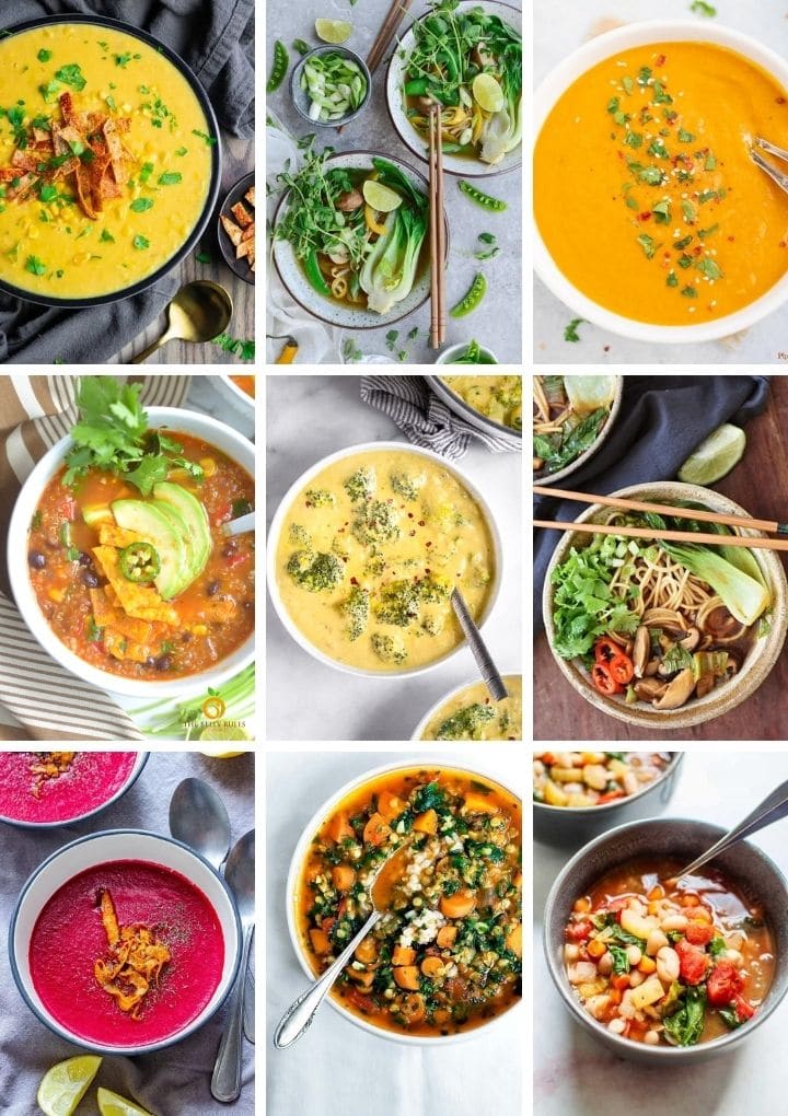 collage of vegan soup recipes including noodle, creamy carrot, corn, tortilla soups