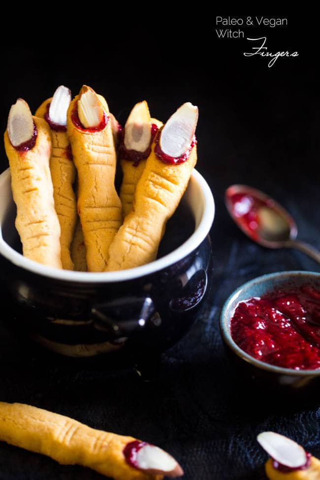 Witch finger cookies with raspberry dipping sauce.