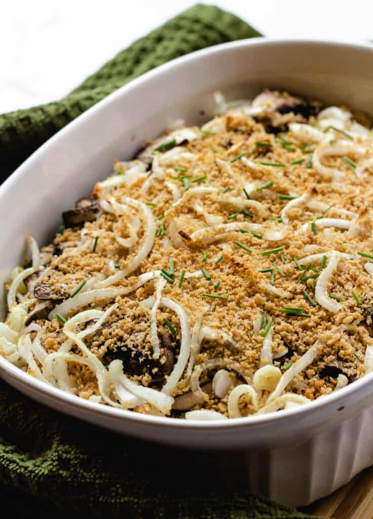 dairy free green bean casserole with sprinkle of chives