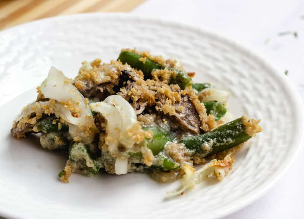 serving of green bean casserole on white plate