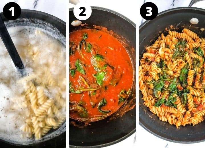 Pasta process: pasta boiling in water, sauce and spinach in pot, mixed pasta, sauce, and spinach. 