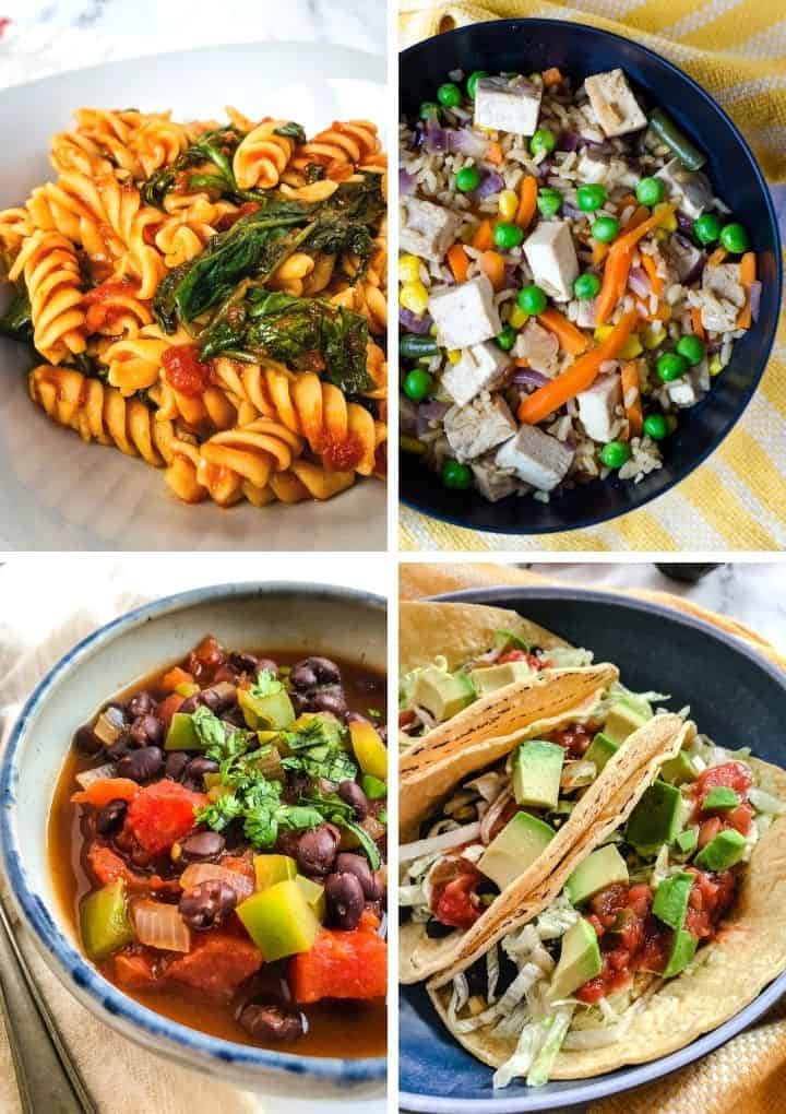 Collage of lazy vegan recipes including chili, tacos, fried rice, and pasta. 