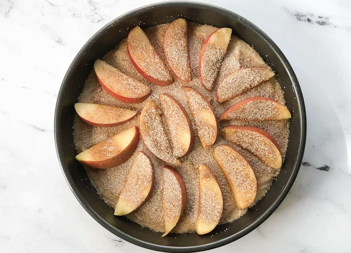 apples and cinnamon on top of cake batter in cake pan