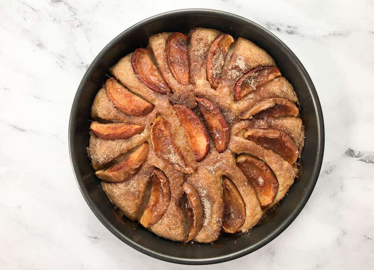 Baked vegan apple cake. in cake pan.
