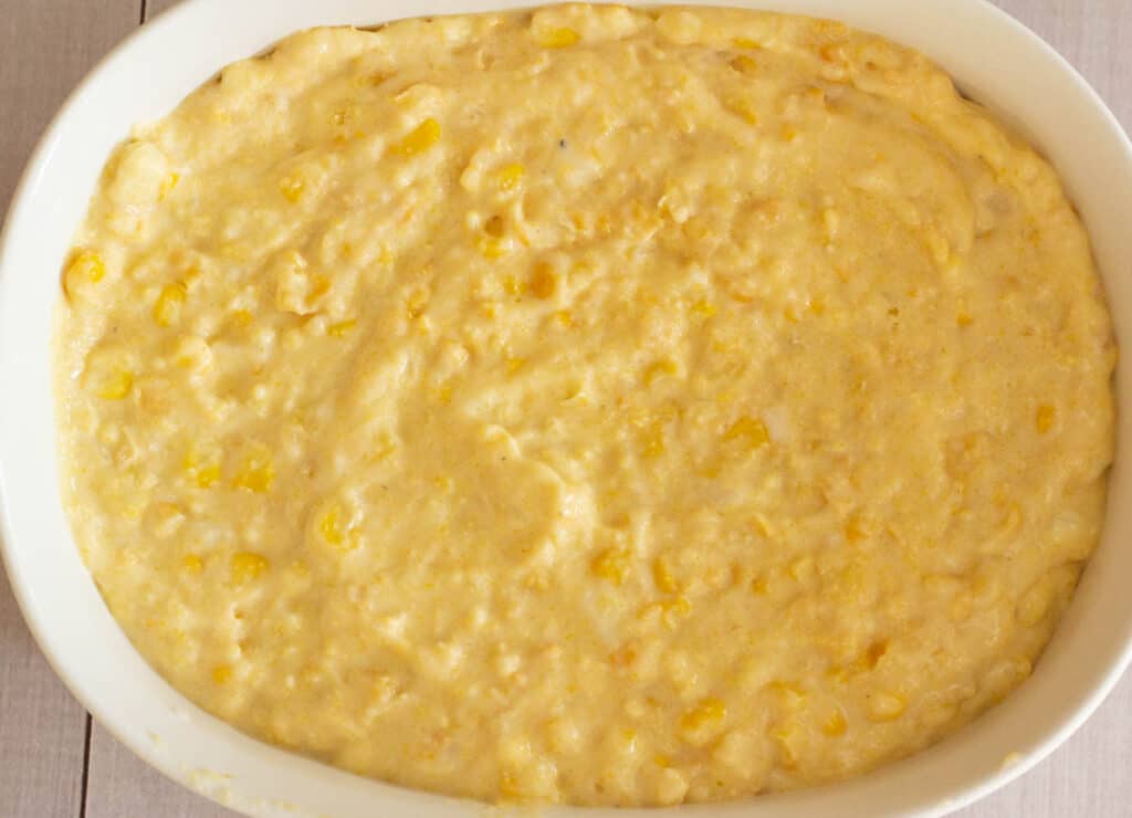 corn casserole in baking dish before it's been been baked