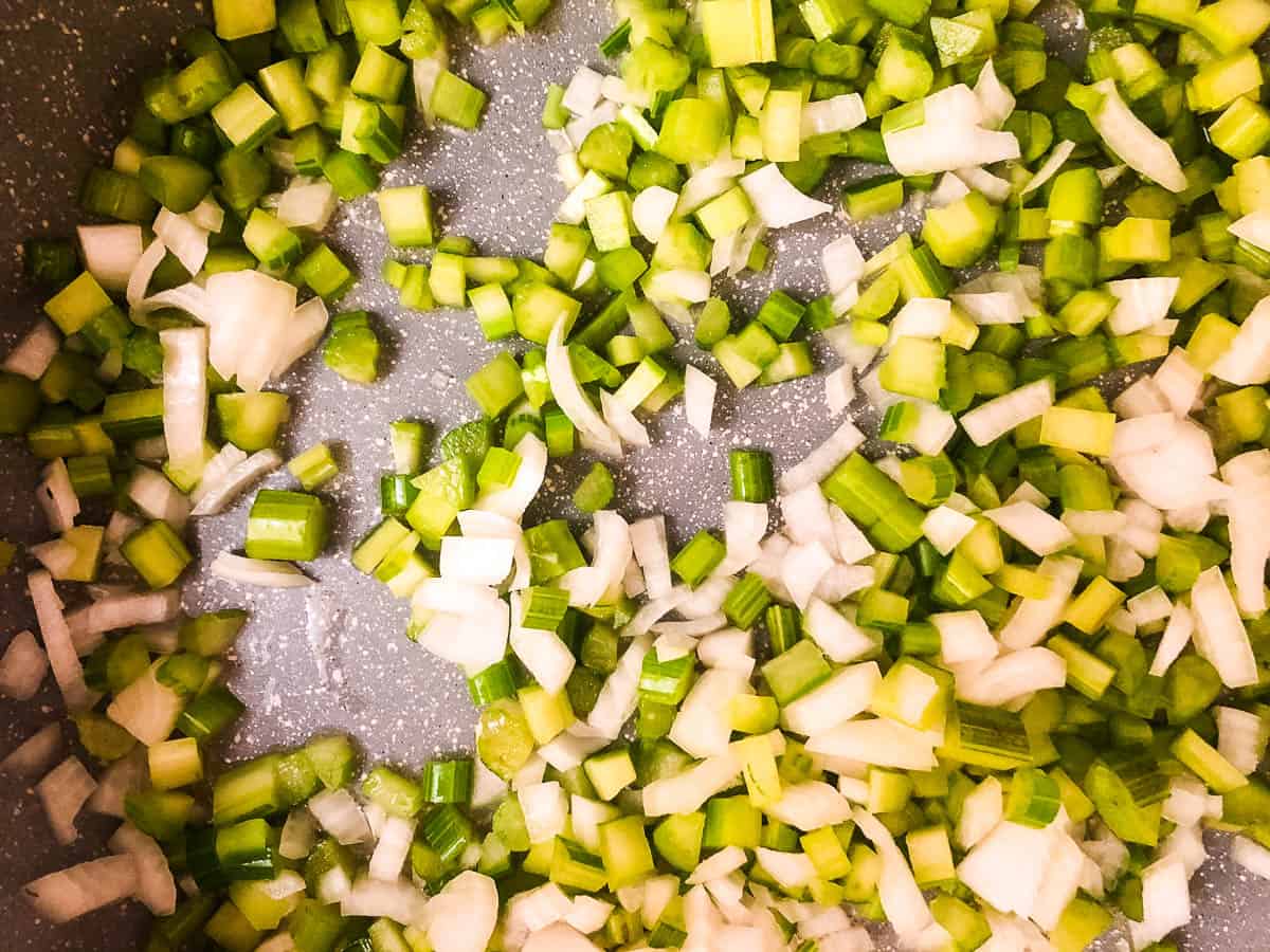 Chopped celery and onion in sauté pan.