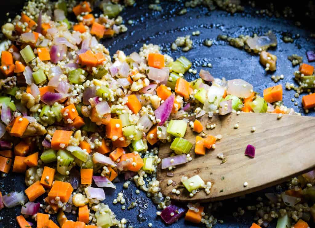 quinoa and veggies in pan