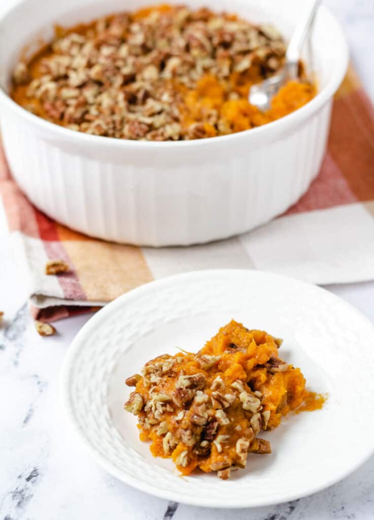 serving of sweet potato casserole on small white plate