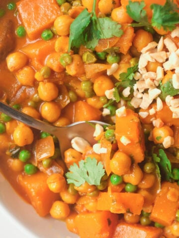 butternut squash and chickpea curry in white bowl