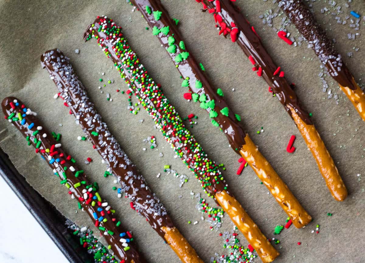 chocolate pretzels covered with holiday sprinkles