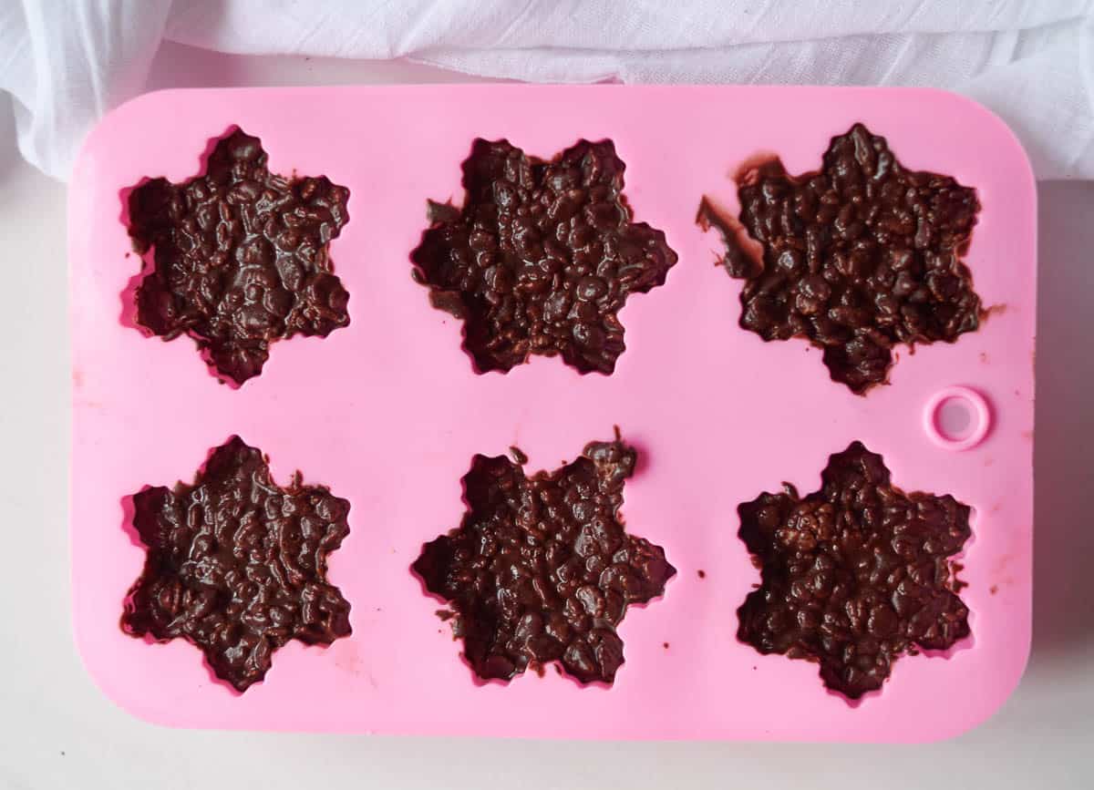 Chocolate and rice cereal in snowflake mold.