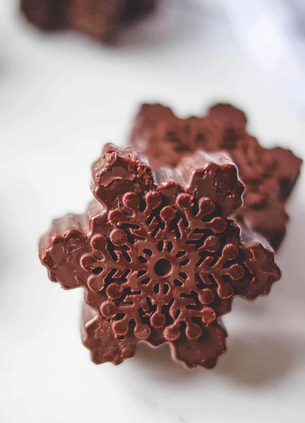 Chocolate snowflake close up.
