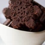 chocolate snowflakes in white bowl