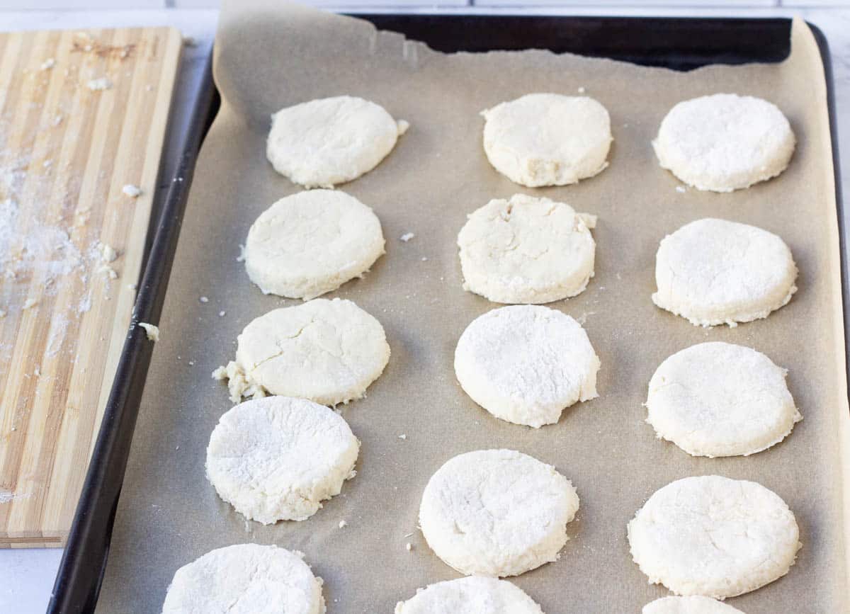 Biscuit dough on baking sheet.