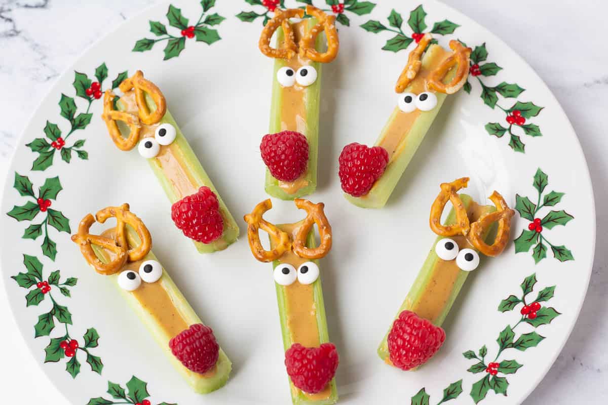 reindeer celery snacks on holiday plate
