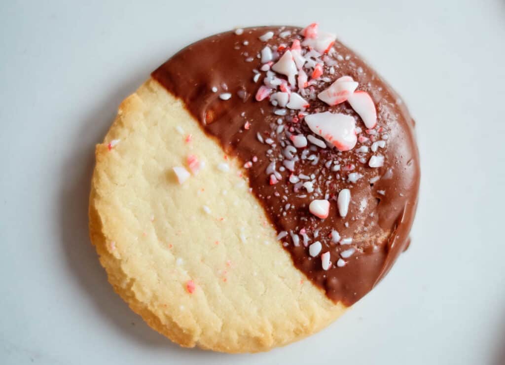 one close up of a shortbread cookie dipped in chocolate