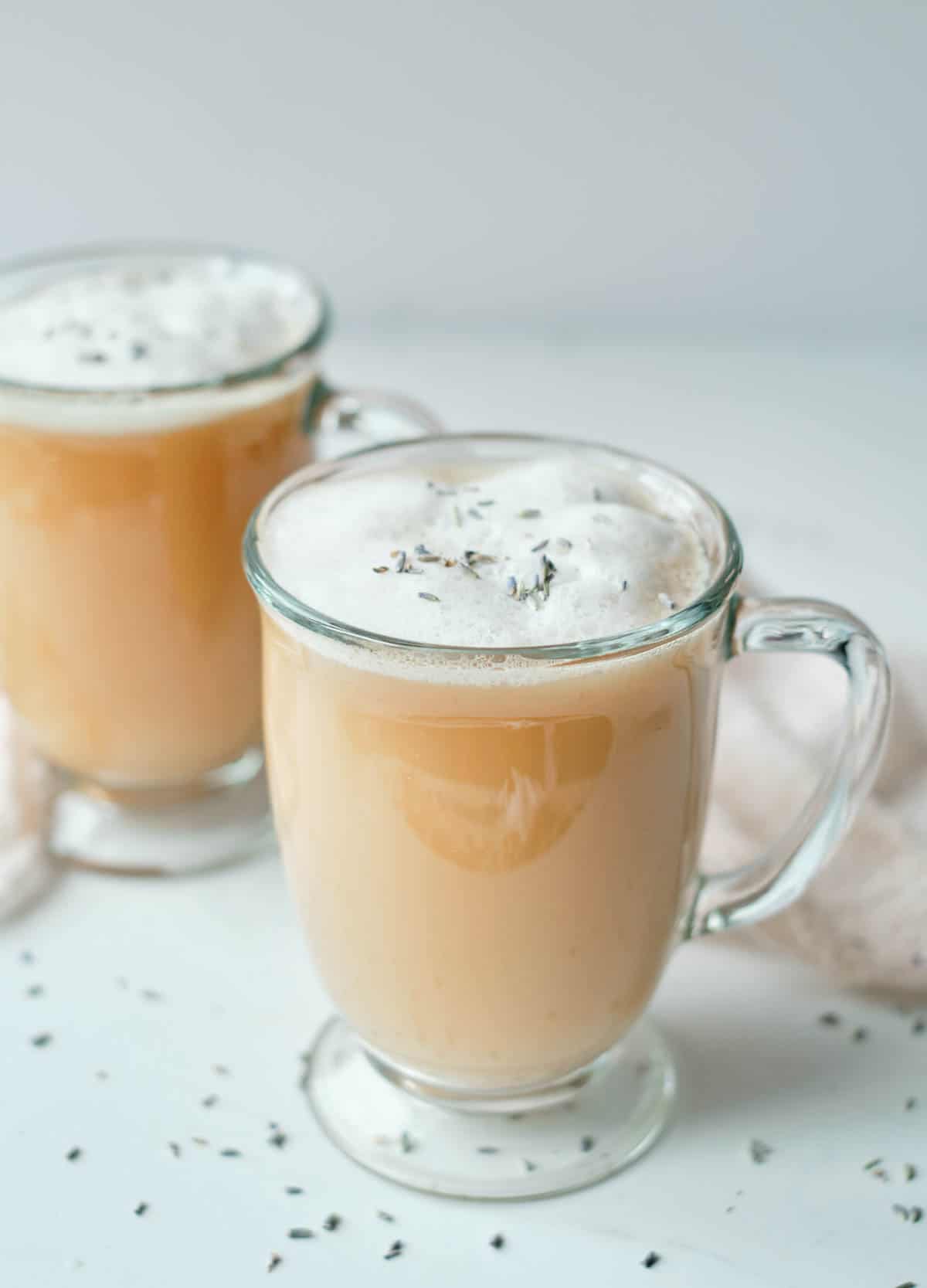 lavender tea latte in glass mugs