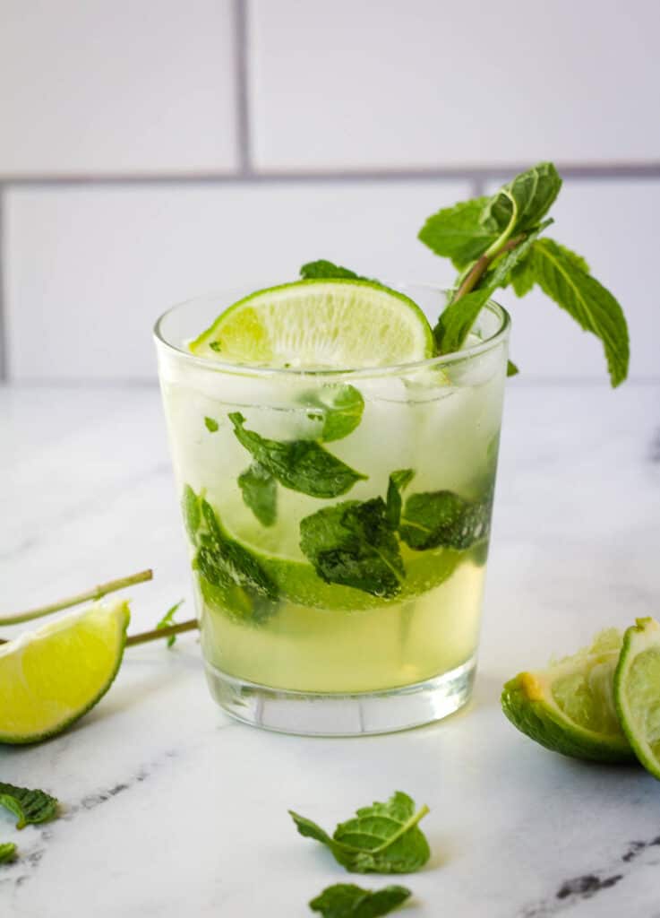 mojito mocktail in rocks glass garnished with mint sprig and lime wedge
