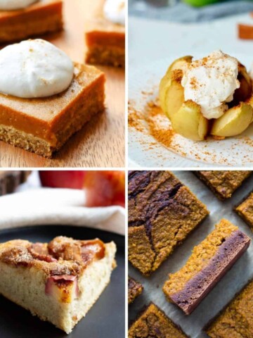 vegan Thanksgiving desserts including pumpkin bars, baked apples, apple cake, and pumpkin brownies
