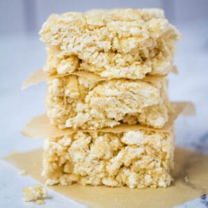 3 vegan rice krispie treats stacked on top of one another