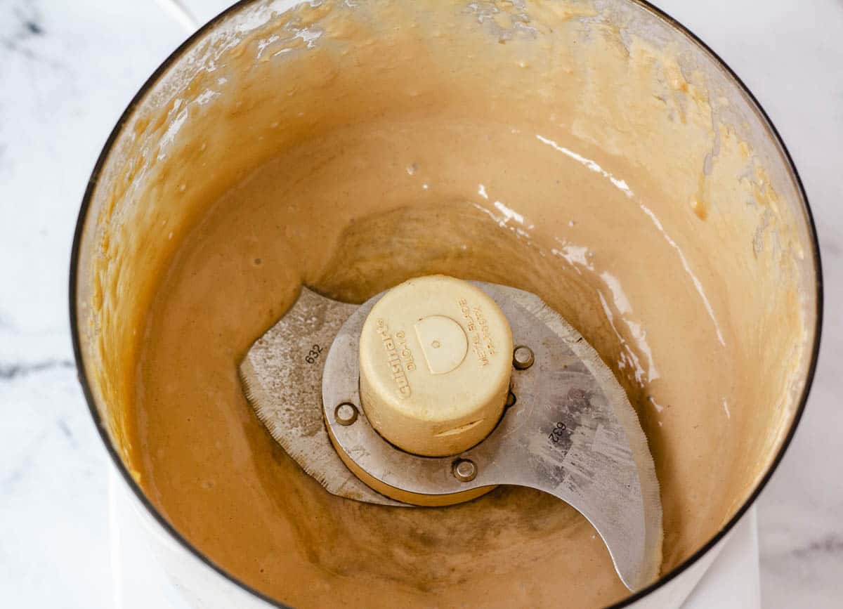 Tahini dressing blended together in food processor.