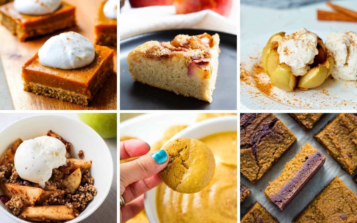collage of vegan thanksgiving desserts including pumpkin bars, apple cake, baked apple, apple crisp, pumpkin dip, and pumpkin brownies
