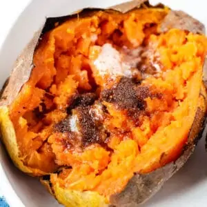 air fryer baked sweet potato with butter and brown sugar