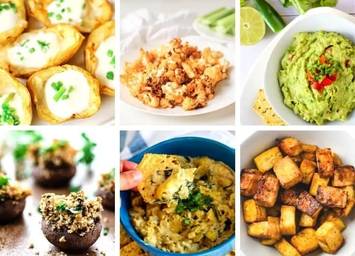 vegan party snacks collage: potato skins, buffalo cauliflower, guacamole, stuffed mushrooms, spinach artichoke dip, and tofu bites