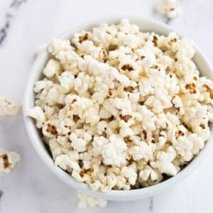 vegan popcorn in white bowl