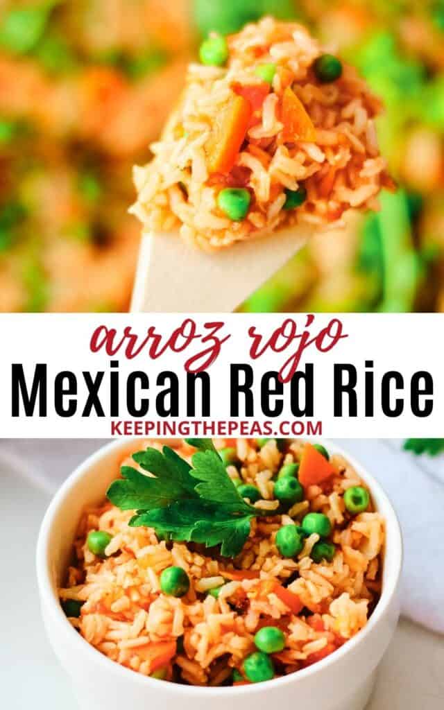 arroz rojo, Mexican red rice on spoon and in small white bowl